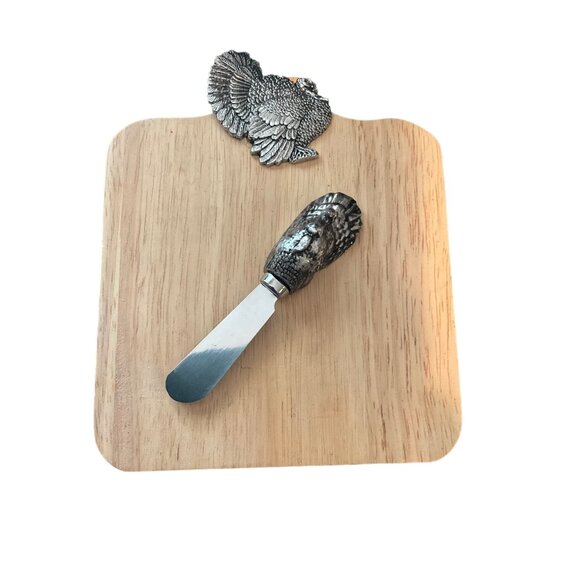 Wood Cutting Board With Decorative Turkey Handle & Stainless Steel Cheese Spread - Picture 1 of 5